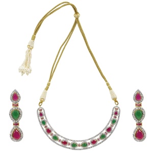 RAY FINE ORNATES 22K Gold Plated <b>Ruby</b> Pink CZ IGI Certified Vintage Bridal Wedding Statement <b>Necklace</b> Set Red Green Earrings - Product Image 3