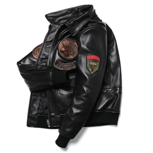 Veste en cuir véritable pour homme en peau de mouton 2026 avec patchs brodés, col rabattable, fermeture éclair, style motard - Product Image 6