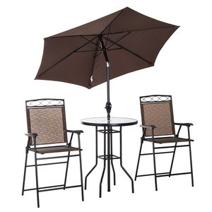 Set da Bar da Esterno in Vimini Marrone a 6 Pezzi con Ombrellone Inclinabile Regolabile e Sedie Pieghevoli da Bistrò per Giardino - Product Image 1