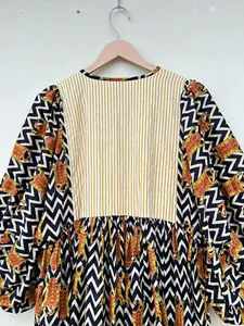 Robe midi décontractée d'été pour femme, coupe ample, imprimé tigre, col noué, manches bouffantes, en tissu tissé respirant, ourlet évasé - Product Image 2
