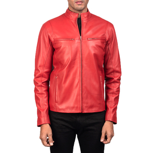 Chaqueta de Moto para Hombre, Roja, de Cuero Sintético, Corte Ajustado, con Cierre de Cremallera y Logotipo Frontal, Cuello Alto, Opciones Personalizadas, Largo Regular, para Otoño - Product Image 4