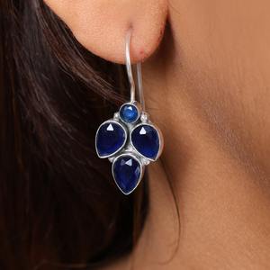 Pendientes Étnicos Bohemios de Moda con Circonita Azul al por Mayor |   Pendientes Pequeños Hechos a Mano con Baño de Plata Estilo Tribal Antiguo al por Mayor - Product Image 2