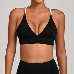 Soutien-gorge de sport blanc pour femme, col en V profond, bretelles spaghetti, sans couture, maintien moyen, respirant, style uni, pour le yoga - Product Image 4