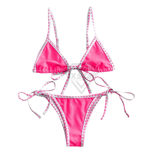 Ensemble bikini rose deux pièces avec bordure contrastée et cordon de serrage, maillots de bain sexy pour l'été, vêtements de plage pour femmes - Product Image 1