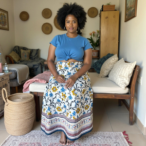 Falda gitana de inspiración Bohemia para niñas con borde azul brillante y estampado floral amarillo para la colección Primavera Verano - Product Image 4