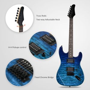 Chitarra Elettrica di Alta Qualità 39 Pollici con Pickup H-H, Finitura Blu Trasparente per Rock Pesante, Corpo in Frassino, Fasce in Acero e Mogano, Materiale in Acciaio - Product Image 3
