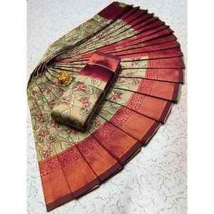 ATRACTIVO SEDA ZARI TEJIDO TRABAJO SAREE CON BLUSA SIN COSTAR CHIKU - Product Image 1