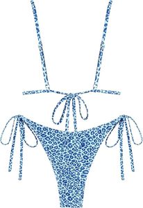 Conjunto de bikini con estampado de leopardo azul para mujer, top triangular con cuello pronunciado, parte inferior con lazo lateral, elastano, poliéster elástico - Product Image 2
