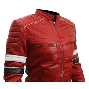 Men Genuine Striped Red Leather Moto <b>Jacket</b> Motorcycle <b>Biker</b> <b>Jacket</b> - Product Image 4