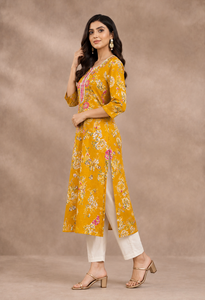 Kurta de Mujer Amarilla con Bordado, de Algodón Puro Tejido, Holgada, Casual, con Estampado Floral, Cintura Natural, para Uso Diario, Elegante, con Trabajo de Hilo - Product Image 5