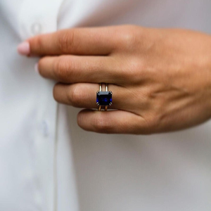 Exquisite Asscher Cut Blue <b>Sapphire</b> Solitaire <b>Ring</b> with Dual Shank Solid <b>Gold</b> Setting for Birthstone Gifting and Bridal Wear - Product Image 1