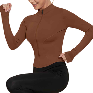 Veste de motard marron pour femme à manches longues avec fermeture éclair, tricotée, respirante, couleur unie, col montant, longueur standard, pour l'automne - Product Image 5