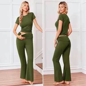 Women's 2 Piece Crop Top & High Waist <b>Flare</b> <b>Leggings</b> Set Short Sleeve Fitted Yoga Lounge Wear Solid Color Breathable - Product Image 3