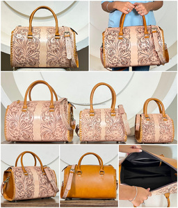 New Handcrafted Western Hand Tooled Leather Speedy Duffle Bag Floral Carved <b>Genuine</b> Cowhide Leather Crossbody Purse for Women's - Product Image 2