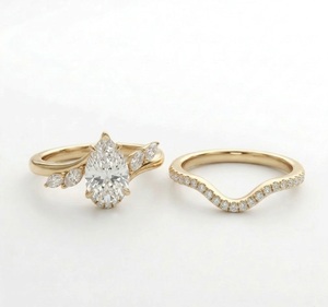 Ensemble de bagues de mariage en or jaune 14 carats avec diamant de laboratoire en forme de feuille de vigne, bague de fiançailles en diamant poire et bague d'accentuation marquise - Product Image 1