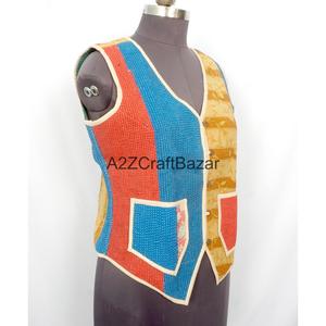 100% Cotton Breathable Floral Printed <b>Kantha</b> Waistcoat Women Handmade Unique Spring Summer Autumn Winter Sleeveless Vest Button - Product Image 3