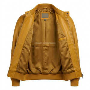 Blouson en cuir jaune moutarde pour homme, sur mesure, en peau de mouton, coupe bomber, avec bordure côtelée, coupe ajustée, vêtement coupe-vent, vente en gros - Product Image 3