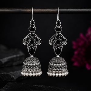 Long <b>Black</b> Onyx <b>Dangle</b> Bollywood Jhumka Fashion <b>Earrings</b> Oxidized Silver Party Jewelry Making - Product Image 5