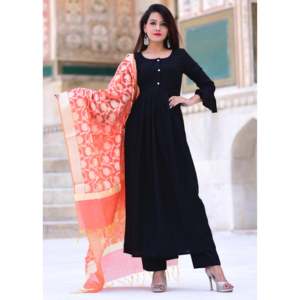 Vestido Casual Étnico Moderno Banarasi con Volantes Negros para Mujer en Otro Material con Características Elásticas y de Protección Solar - Product Image 6