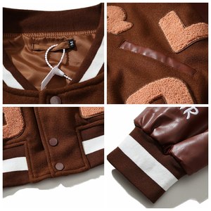 Veste universitaire marron pour homme, style streetwear, col rabattu, design à patchs, lettres brodées, matière PU, coupe classique, automne - Product Image 4