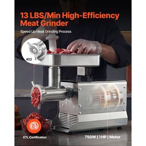 Commercial Electric <b>Meat</b> Mincer 13 Lbs/Min Capacity 3 Plates 3 Sausage Stuffing Tubes 750W/1HP Stainless Steel #22 <b>Meat</b> <b>Grinder</b> - Product Image 2