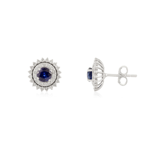 Nuevos y Elegantes Pendientes de Oro Blanco de 18K Originales con Zafiro Azul de 2mm y Diamantes en Forma Redonda, Doble Racimo, Regalo para el Día de la Madre - Product Image 3