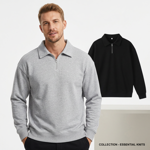 Pull polo tricoté à manches longues pour homme, couleur unie, avec fermeture éclair, style décontracté, en coton anti-boulochage, collection essentielle de tricots - Product Image 1