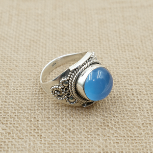 925 Sterling Silver Blue Chalcedony Cabochon <b>Statement</b> <b>Ring</b> Handmade Vintage Artisan Boho Gemstone Gold Plated Rose Gold <b>Ring</b> - Product Image 2