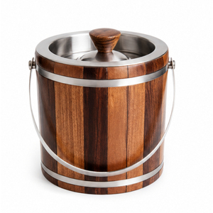 Seau à glace en bois à carreaux fait main avec couvercle, refroidisseur à vin et champagne isotherme à double paroi en acier inoxydable, articles de bar pour la maison - Product Image 3