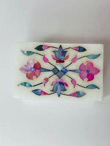 Elegant Marble Inlay Square <b>Box</b> With White Pink and <b>Blue</b> Floral Motifs an Touch of Class for Jewelry <b>Storage</b> - Product Image 2