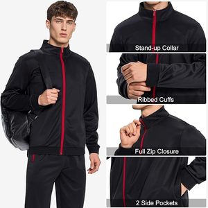 Veste de survêtement noire pour homme avec fermeture éclair intégrale, bordure rouge et poches latérales, design sportif respirant, idéale pour l'automne - Product Image 4
