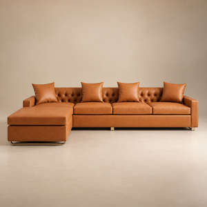 Canapé d'angle contemporain en cuir PU beige avec dossier capitonné et chaise longue pour salon de villa, hôtel ou salle de séjour - Product Image 2