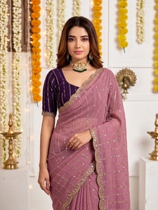 <b>Purple</b> Georgette Silk <b>Saree</b> Sequin Embroidered Traditional Indian Wear for Wedding Party Women Sun Protection All Seasons - Product Image 3