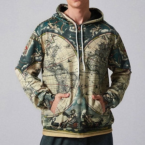 Sweat-shirt à capuche oversize pour homme, imprimé carte du monde vintage, style décontracté, tricoté, automne, manches classiques - Product Image 2