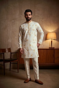 <b>Men</b> Cream Embroidered <b>Kurta</b> Pajama Set Regular Fit Traditional Indian Pakistani Knee-Length Cotton Wedding Wear - Product Image 2