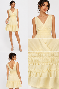 Wholesale Women Summer Cotton Bohemian Elegant V-Neck Sleeveless <b>Ruffled</b> Casual Daily Wear Yellow Mini High Waist <b>Dress</b> - Product Image 5