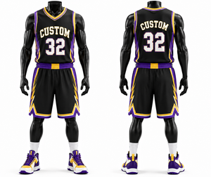 Ensemble de maillots de basket-ball personnalisés pour hommes, noir, violet, or, col en V, sans manches, impression sublimée, respirant, toutes saisons, coupe régulière pour adultes - Product Image 1