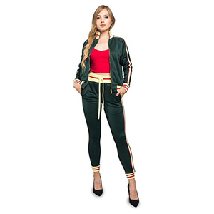 Women Green Striped <b>Tracksuit</b> Full Sleeve Zipper Front Sporty Jogger Set Side Pockets Elastic Waist Autumn Wear - Product Image 4