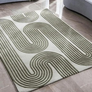 Tapis en laine de Nouvelle-Zélande tufté à la main, design géométrique mi-siècle vert olive et blanc, tapis fait main pour salon - Product Image 1