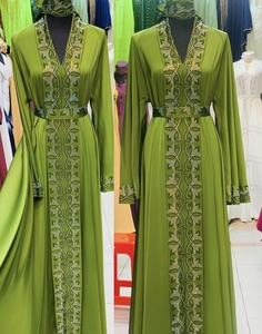 Wholesale Modest Dubai Beaded Sequined Long Sleeve <b>Abaya</b> Muslim Traditional Handmade Wedding Women Polyester Breathable V Neck - Product Image 1