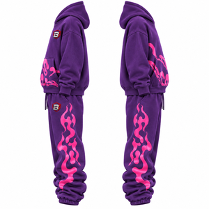 OEM Custom Unisex <b>Purple</b> Flame Print Hoodie Tracksuit Oversized Heavyweight Fleece Streetwear Set - Product Image 4