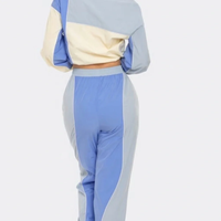 Ensemble veste coupe-vent courte à demi-zip et pantalon de jogging style streetwear colorblock bleu et noir pour femme