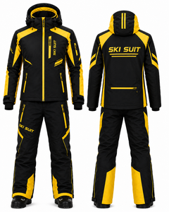 Combinaison de ski unisexe grande taille imperméable 100% polyester coupe-vent respirante anti-UV isolée en polaire noir jaune à capuche avec fermeture éclair - Product Image 1