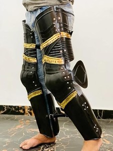 <b>Medieval</b> Modern Polished Stainless Steel Leg Armor with Die-Cut Printed Leather Straps for Traditional Theme Halloween <b>Costume</b> - Product Image 6