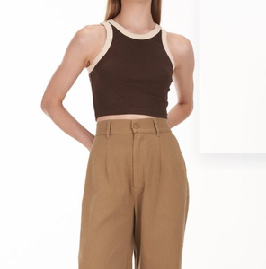 <b>Women</b> Solid Color <b>Knitted</b> <b>Tank</b> <b>Top</b> O-Neck Cropped Sleeveless Minimalist Style Brown Beige Trim - Product Image 6