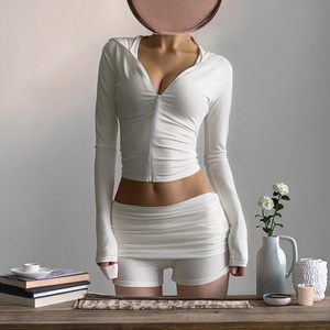 Women Solid Long Sleeve Zipper Crop Top With High Waist Shorts Two <b>Piece</b> <b>Set</b> Sporty Casual Wear Spring Summer <b>White</b> - Product Image 2
