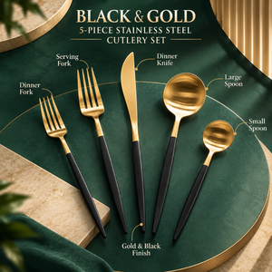 Juego de Cubiertos Negros Dorados de Cinco Piezas |   Vajilla Premium para el Hogar, Restaurantes, Eventos y Bodas - Product Image 5