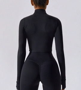 Ensemble de yoga 3 pièces pour femme : haut court à manches longues, leggings taille haute, séchage rapide, respirant, vêtements de sport actifs, avec fermeture éclair sur les manches - Product Image 5