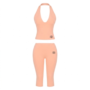 Conjunto Deportivo de 2 Piezas para Mujer, Top Halter y Pantalones Largos, Color Sólido, Tejido de Punto, Spandex y Algodón, Transpirable, para Primavera/Verano - Product Image 2