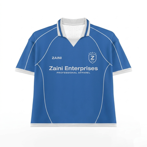 เสื้อโปโลผ้าโพลีเอสเตอร์อินเตอร์ล็อคพรีเมียม 180 GSM สีน้ำเงิน-ขาว ตัดต่อผ้าแบบคอนทราสต์ พิมพ์ลายแบบซับลิเมชั่น ปักโลโก้ตามสั่ง สำหรับผู้ชาย - Product Image 1